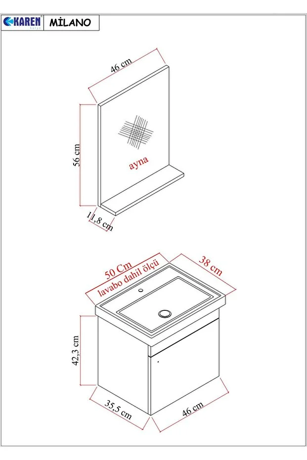 Milano 50 Cm Lavabolu Banyo Dolabı,lavabo Dahil, Ayna Dahil,sonomo Meşe